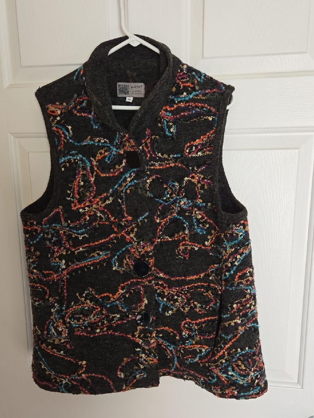 Habitat Multicolor Embroidered Wool Blend Button Vest - Black Ground. XL.